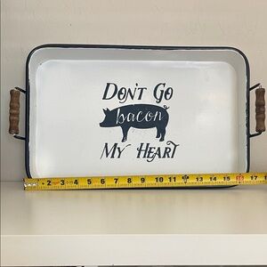 White Metal Serving Tray with Navy Text and Wooden Handles